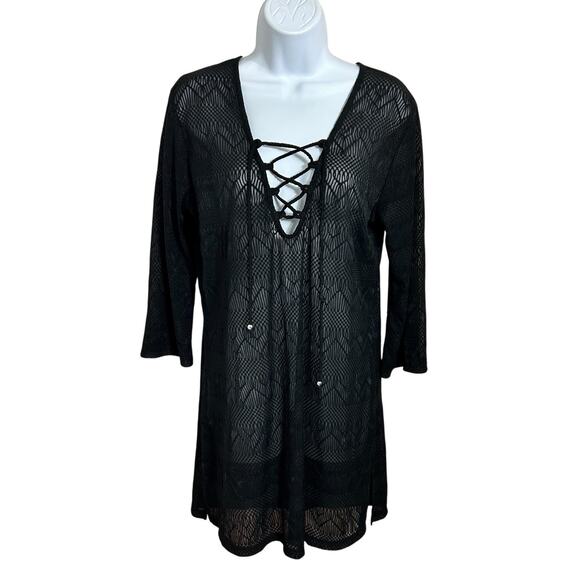 APT. 9 Black Sheer Swimsuit Cover-Up Dress Sz Small Laced Up V-Neck 3/4 Sleeves - Picture 7 of 7